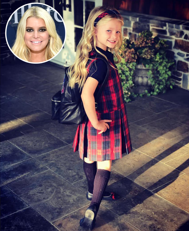 <p>Look out, world! Jessica Simpson shared a photo of her older child, daughter Maxwell, on her first day of K. “KINDERGARTEN,” Jess wrote. (Photos: <a rel="nofollow noopener" href="https://www.instagram.com/p/BYeCBHugRTZ/?hl=en&taken-by=jessicasimpson" target="_blank" data-ylk="slk:Jessica Simpson via Instagram;elm:context_link;itc:0;sec:content-canvas" class="link ">Jessica Simpson via Instagram</a>/Getty Images)<br><br></p>