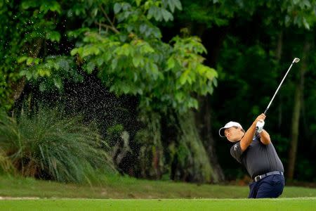 May 2, 2016; Avondale, LA, USA; Brian Stuard hits from the sand on the eighth hole during the continuation of the third round of the 2016 Zurich Classic of New Orleans at TPC Louisiana.Mandatory Credit: Derick E. Hingle-USA TODAY Sports