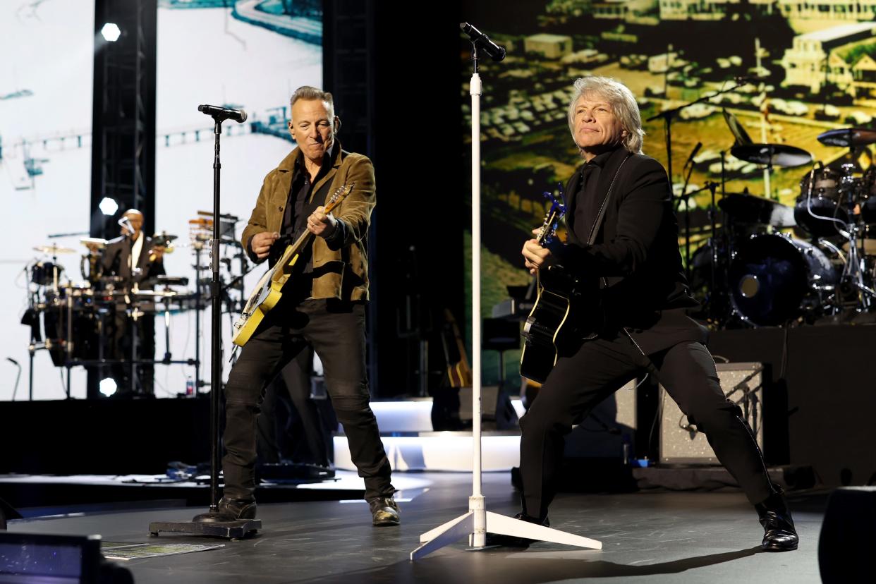 Jersey boys Bruce Springsteen (left) and Jon Bon Jovi performed Bon Jovi's "Who Says You Can't Go Home" and Springsteen's "The Promised Land" to open the 2024 MusiCares Person of the Year gala honoring Jon Bon Jovi, Feb. 2 in Los Angeles.