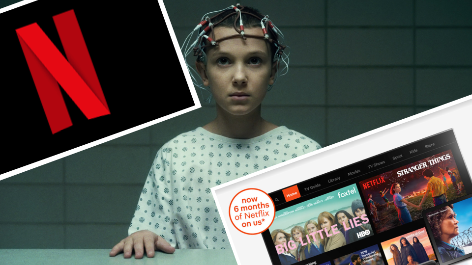 Pictured: Netflix logo, Foxtel screenshot and Eleven in Stranger Things. Images: Netflix, Foxtel