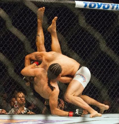 Sage Northcutt (R) takes down Francisco Trevino during their UFC 192 fight. (AP)