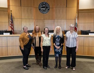 The Shasta County Elections Commission, left to right, Susanne Baremore, Dawn Duckett, Lisa Michaud, Ronnean Lund and Bev Gray. Duckett announced on Tuesday, March 12, 2024, that she was resigning from the advisory board.