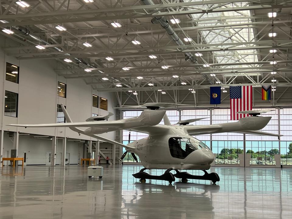 An Alia aircraft sits in a new manufacturing center based in Vermont. Beta Technologies opens an electric aircraft production facility at the Patrick Leahy Burlington International Airport in South Burlington on Oct. 2, 2023.