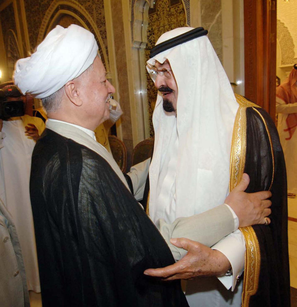 Ali Akbar Hashemi Rafsanjani,&nbsp;Iran's top moderate politician, visited Saudi Arabia more than once and approved high-level talks. Rafsanjani (left) and Saudi King Abdullah (right), seen here in 2008, were both supportive of engagement between the two countries. (Photo: Ho New / Reuters)