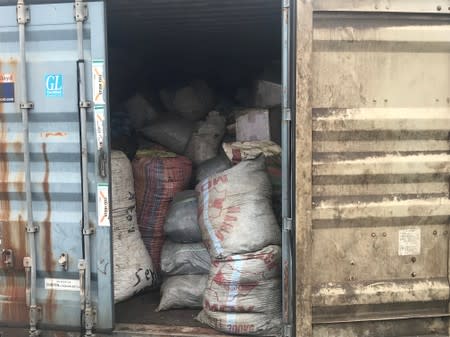 A container with sacks of confiscated pangolin scales is seen close to Nigeria Customs Service in Ikeja