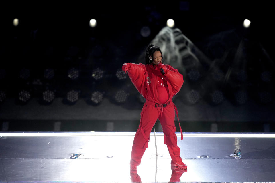 Rihanna performs at halftime during the NFL Super Bowl 57 football game between the Kansas City Chiefs and the Philadelphia Eagles, Sunday, Feb. 12, 2023, in Glendale, Ariz. (AP Photo/Charlie Riedel)