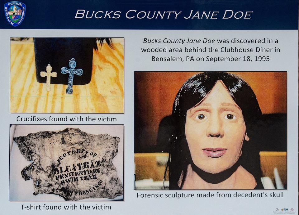 Photo collage of crucifixes and t-shirt found with the victim, along with the forensic sculpture from the decedent's skull, on display during the press conference that was held at the Bensalem Police Department, on Tuesday, Dec. 21, 2021, regarding the Merrybeth Hodgkinson cold case.