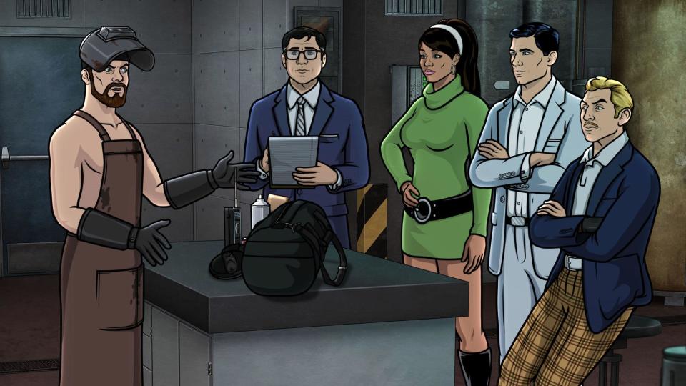 The crew assembles to discuss illicit scientific matters in "Archer"