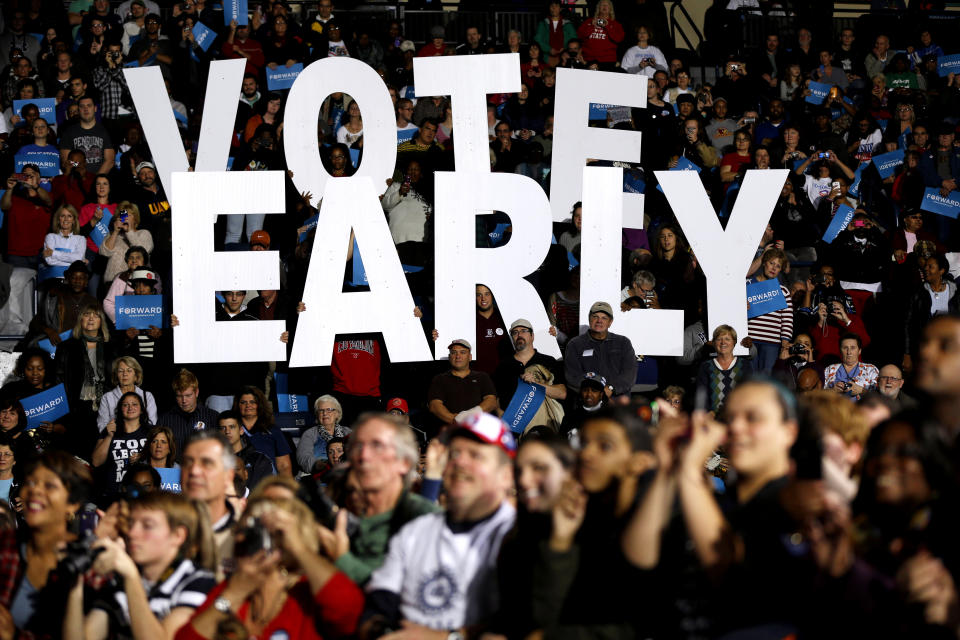 A “Vote early” is seen at a rally for President Barack Obama in Youngstown, Ohio, in October 2012. (Photo: Matt Rourke/AP)