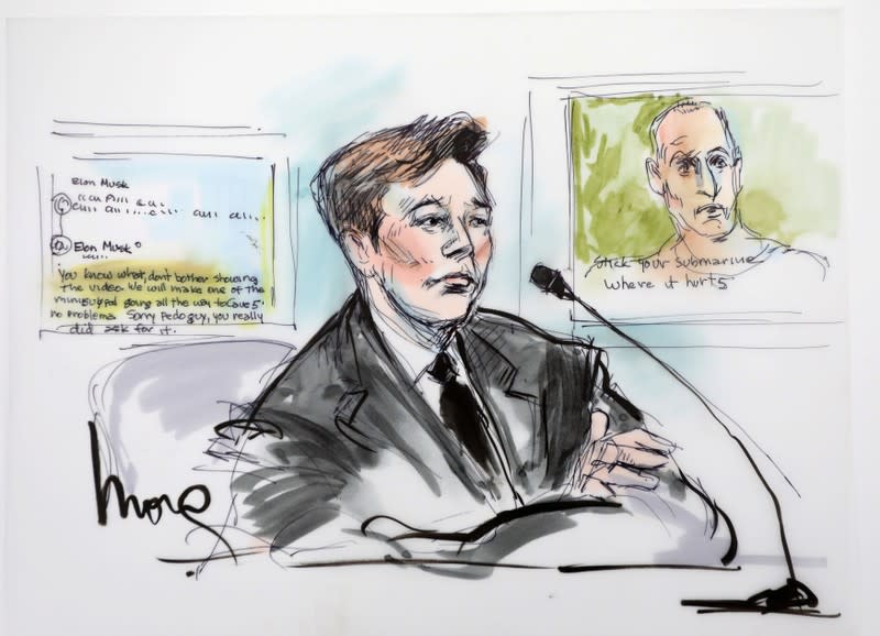 Elon Musk is shown in a courtroom drawing in court during the trial in a defamation case filed by British cave diver Vernon Unsworth, in Los Angeles, California