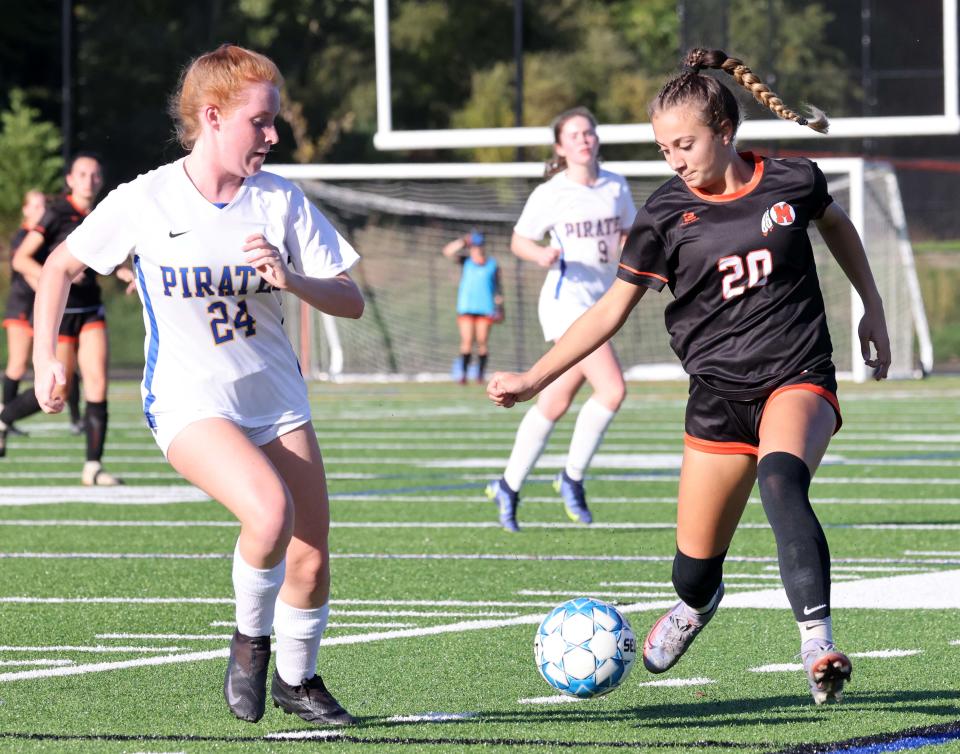 Middleboro's Olivia Mather dribbles next to Hull defender Kallen Creed during a game on Thursday, Oct. 06, 2022. 