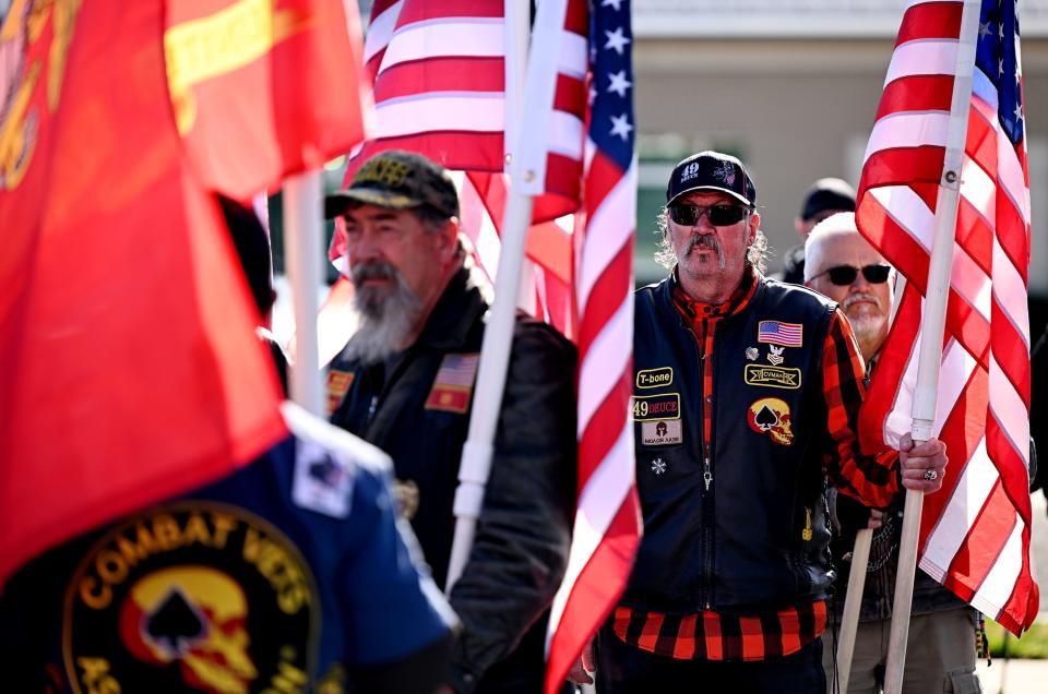 Members of the Patriot Guard arrive to pay their respects as family friends and community members attend a memorial service in American Fork for U.S. Marine Corps Capt. Ralph Jim Chipman, who was lost during battle in Vietnam 50 years ago, on Saturday, Nov. 11, 2023. His remains were identified and returned to his family to be laid to rest. | Scott G Winterton, Deseret News