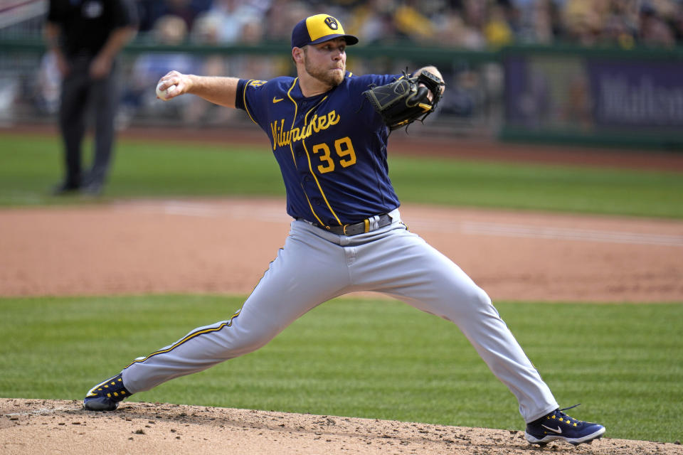Milwaukee Brewers starting pitcher Corbin Burnes delivers during the second inning of a baseball game against the Pittsburgh Pirates in Pittsburgh, Saturday, July 1, 2023. (AP Photo/Gene J. Puskar)