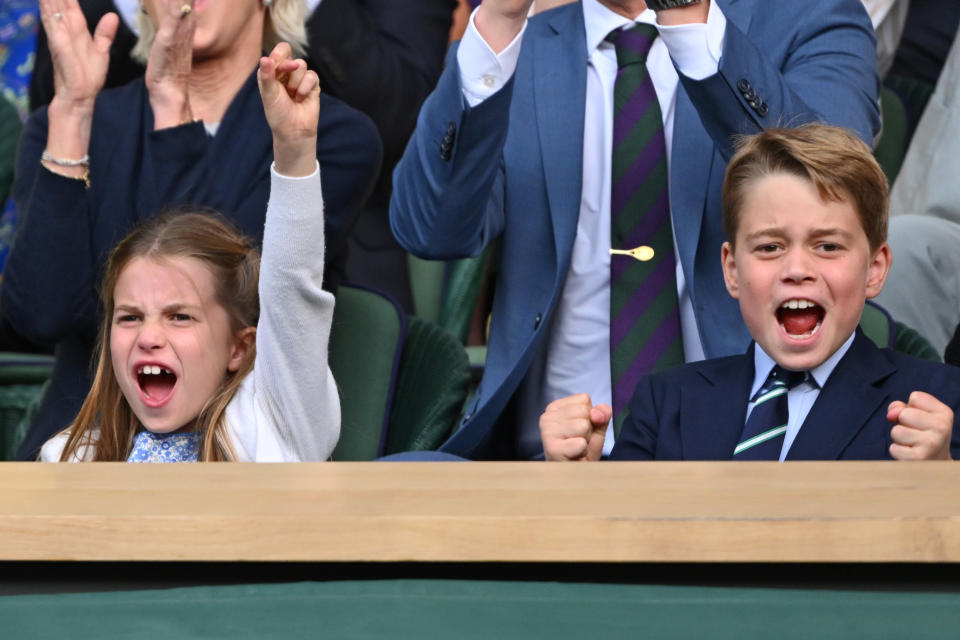 LONDON, ENGLAND - JULY 16: Princess Charlotte of Wales and Prince George of Wales celebrate during Carlos Alcaraz vs Novak Djokovic in the Wimbledon 2023 men's final on Centre Court during day fourteen of the Wimbledon Tennis Championships at the All England Lawn Tennis and Croquet Club on July 16, 2023 in London, England. (Photo by Karwai Tang/WireImage)