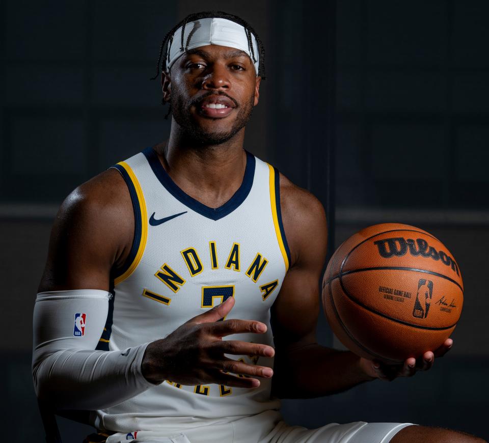 Indiana Pacers guard Buddy Hield (7) at Pacers media day, at St. Vincent Center, downtown Indianapolis, Monday, Oct. 3, 2023. The team is currently in preseason and the team’s opening game is Oct. 25.