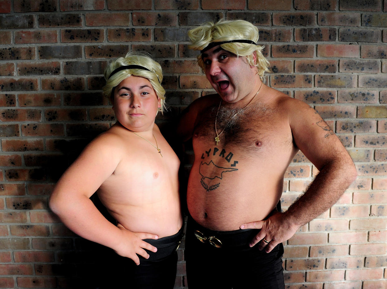 DOUGLAS, ISLE OF MAN - JUNE 20:  (L-R) Lagi Demetriou and Demetrios Demetriou of Stavros Flatley pose backstage at the Isle Of Man Bay Festival on June 20, 2010 in Douglas, Isle Of Man.  (Photo by Gareth Cattermole/Getty Images)