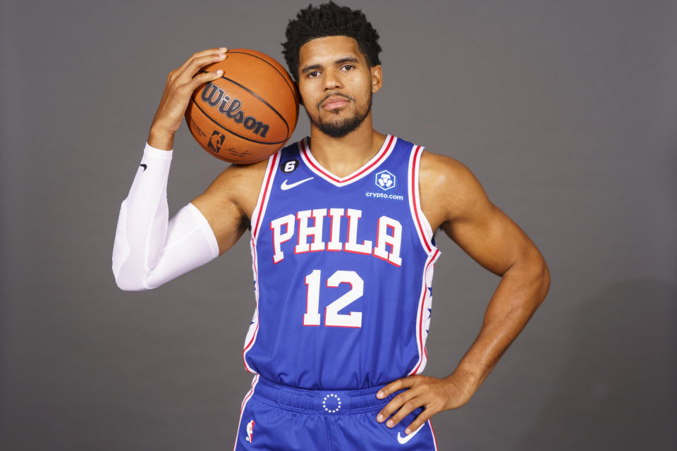 Philadelphia 76ers' Tobias Harris poses for a photograph during media day at the NBA basketball team's practice facility, Monday, Sept. 26, 2022 in Camden, N.J. (AP Photo/Chris Szagola)