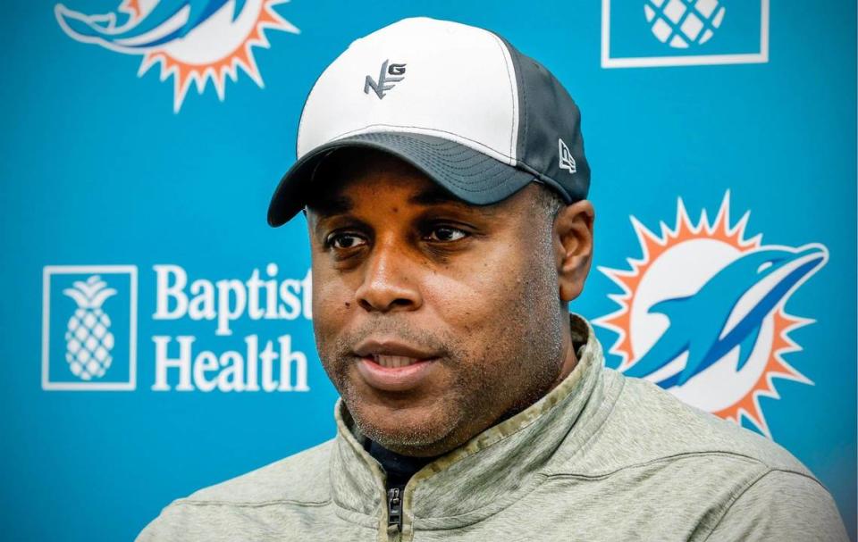 Miami Dolphins general manager Chris Grier speaks to reporters during a news conference at the Baptist Health Training Complex during the 2023 NFL Draft on Saturday, April 29, 2023.