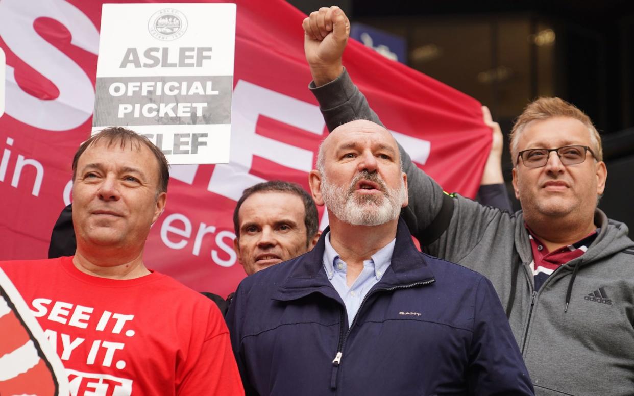 Aslef general secretary Mick Whelan on a picket line at Euston station in London as members of the train drivers' union at 16 train operators in England stage strikes