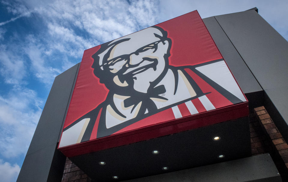BRISTOL, ENGLAND - FEBRUARY 20:  The KFC logo is pictured outside a branch of KFC that is operating a limited menu due to problems with the delivery of chicken on February 20, 2018 in Bristol, England. KFC has been forced to close hundred of its outlets as a shortage of chicken, due to a failure at the company's new delivery firm DHL, has disrupted the fast-food giant's UK operation and is thought to be costing the fast food chain £1million a day.  (Photo by Matt Cardy/Getty Images)