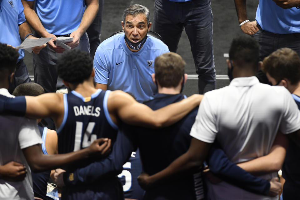 Villanova coach Jay Wright talks to his team during the second half of an NCAA college basketball game against Hartford, Tuesday, Dec. 1, 2020, in Uncasville, Conn. (AP Photo/Jessica Hill)