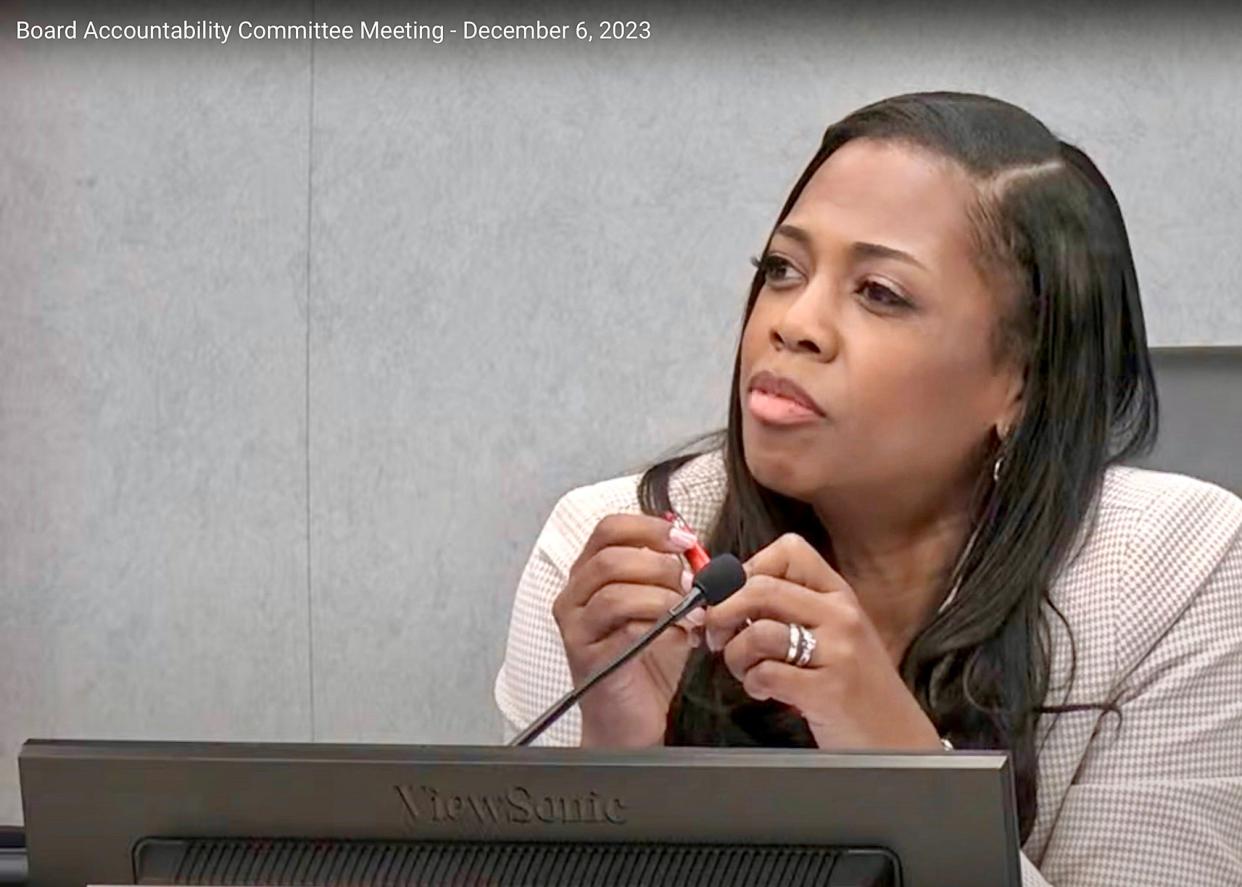 SCCPSS Superintendent Denise Watts contemplates feedback from school board members during the Dec. 6, 2023 board Accountability Committee meeting at the Whitney Administrative Complex, 2 Laura Ave.