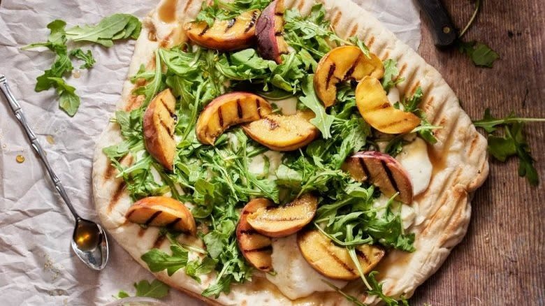grilled peach and gorgonzola pizza