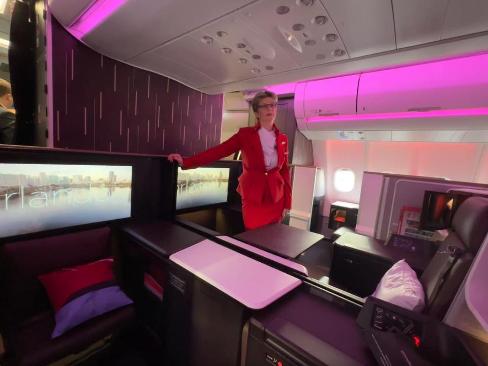 Retreat Suite dining table, Dan Koday, " I was one of the first people to see Virgin Atlantic's newest aircraft that will fly between NYC and London."