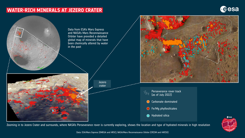 A graphic showing the hydrous composition of Jezero Crater.