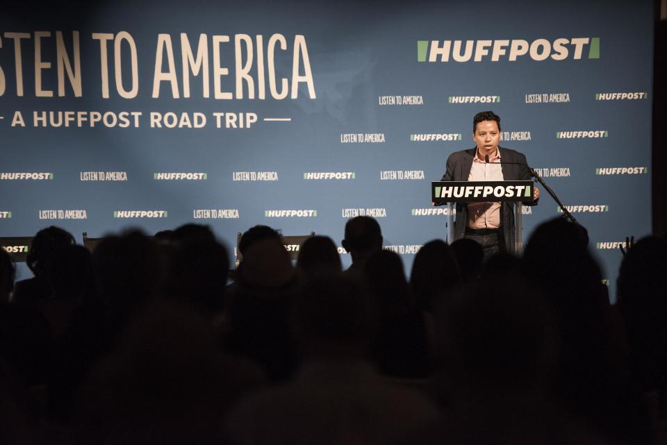 HuffPost Editor-in-Chief Lydia Polgreen&nbsp;speaks to the audience during the HuffPost bus tour wrap party at Marigny Opera House.