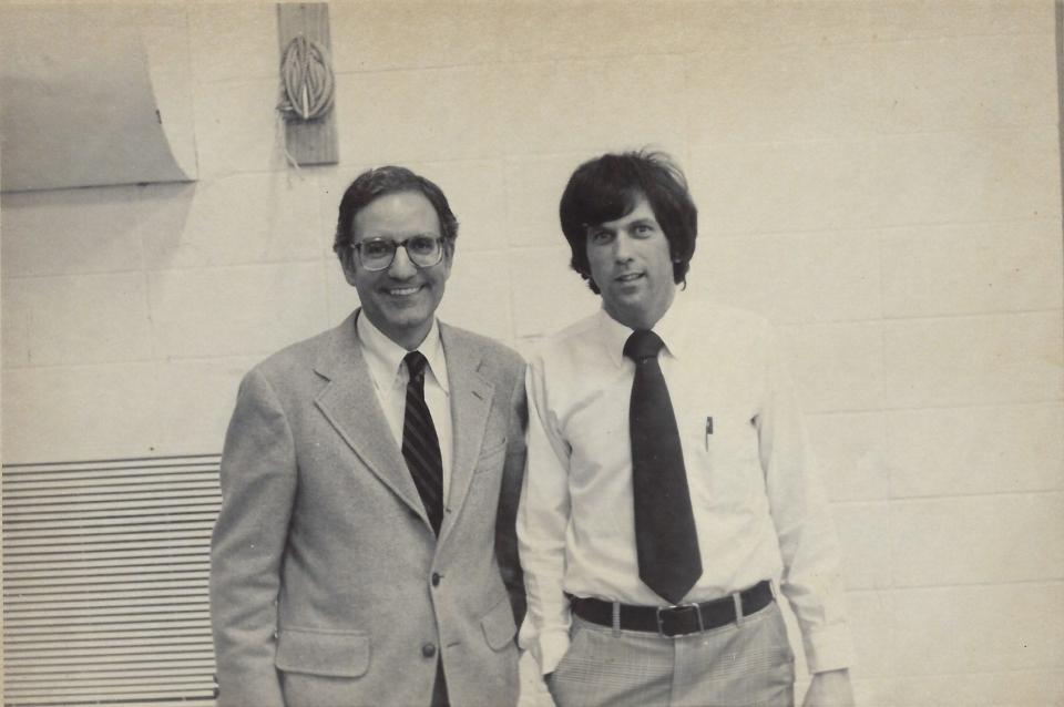 Maine educator Tom Farrell, right, is seen here with then-Sen. George Mitchell in 1982. Farrell, who once served as superintendent of RSU 21 in Kennebunk, Maine, died on March 17, 2024.