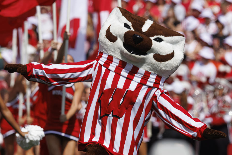 Sep 2, 2023; Madison, Wisconsin, USA; Wisconsin Badgers mascot Bucky Badger runs onto the field prior to the game against the Buffalo Bulls at Camp Randall Stadium. Mandatory Credit: Jeff Hanisch-USA TODAY Sports