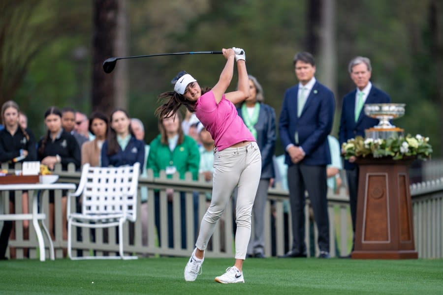 Kiara Romero of the United States plays her stroke from the No. 1 tee during round one of the Augusta National Women’s Amateur at Champions Retreat Golf Club, Wednesday, April 3, 2024. (Photo courtesy: Augusta National Women’s Amateur)