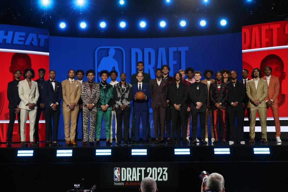 NBA commissioner Adam Silver poses for photos with the 2023 NBA draft class before the first round of the 2023 NBA Draft at Barclays Arena.