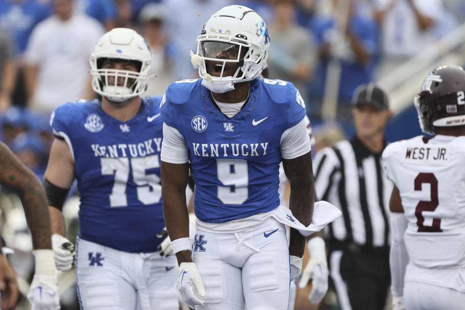 Kentucky wide receiver Tayvion Robinson (9) celebrates after a touchdown during the first half of an NCAA college football game against Eastern Kentucky in Lexington, Ky., Saturday, Sept. 9, 2023. (AP Photo/Michelle Haas Hutchins)