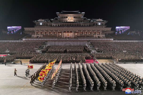 PHOTO: Troops take part in a military parade to mark the 75th founding anniversary of North Korea's army, at Kim Il Sung Square in Pyongyang, North Korea, Feb. 8, 2023, in this photo released by North Korea's Korean Central News Agency. (Korean Central News Agency via Reuters)