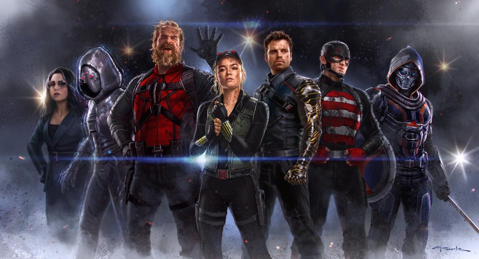 (L to R) An artist's rendering of the Thunderbolts cast: Julia Louis-Dreyfus as Valentina Allegra de Fontaine, Hannah John-Kamen as Ghost, David Harbour as Alexei Shostakov/Red Guardian, Florence Pugh as Yelena Belova, Sebastian Stan as Bucky Barnes Wyatt Russell as John Walker/U.S.Agent and Taskmaster