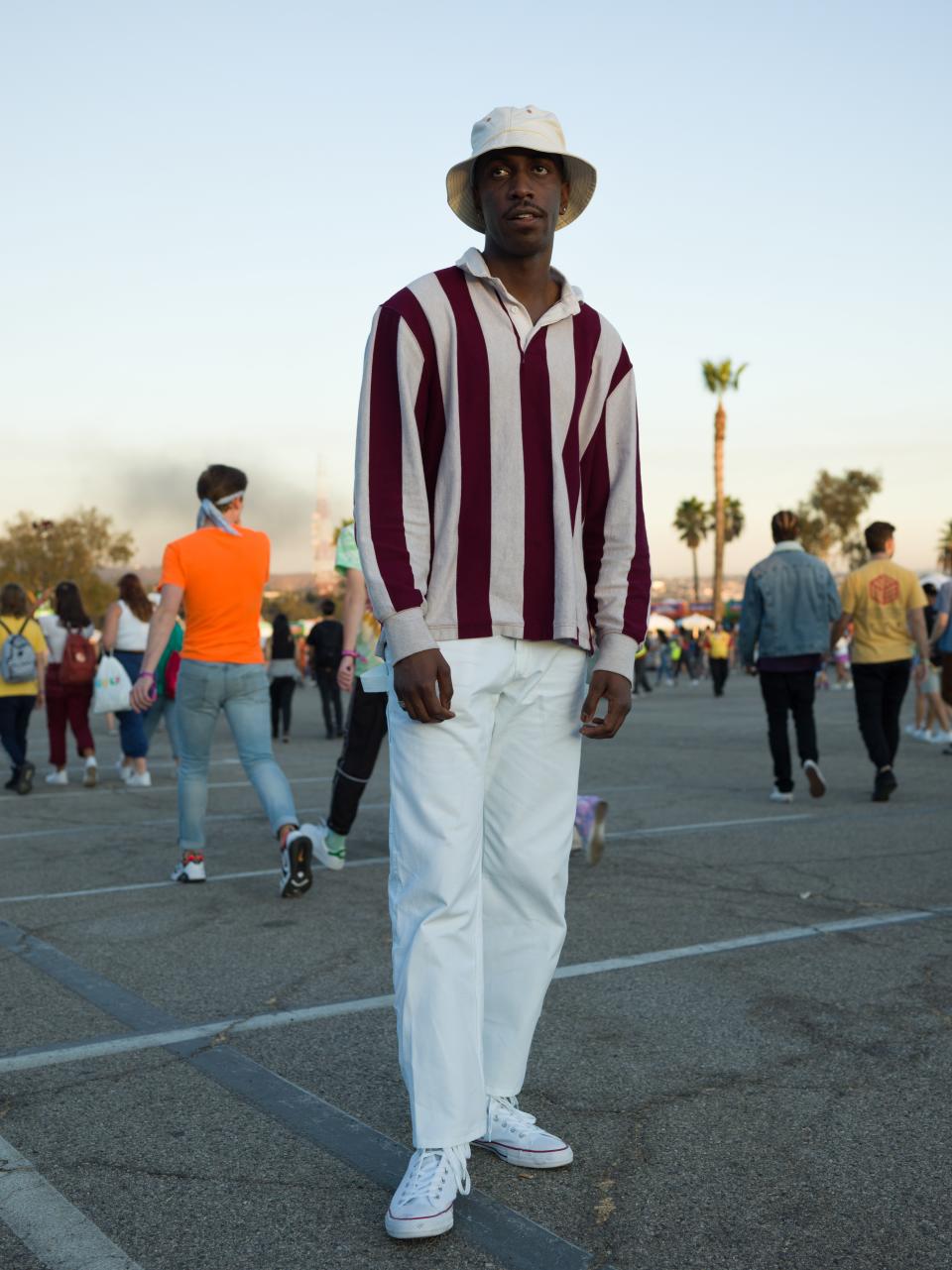 Theo, 24  
Theo likes comfortable clothes if he’s going to be out at the festival all day. He picked up these painter pants from the Sherwin-Williams store for $15.