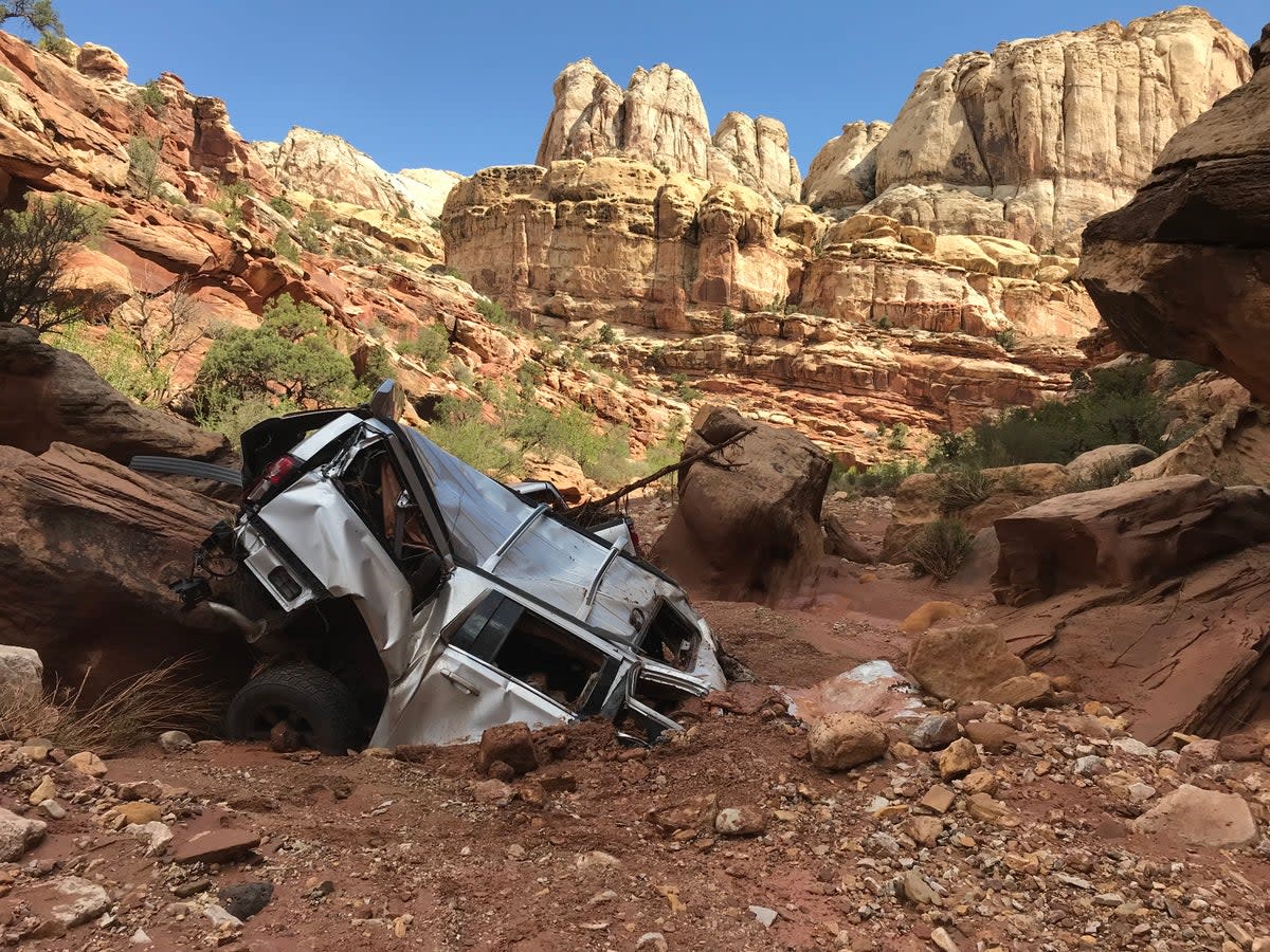 A car damaged by flooding last week in Capitol Reef National Park (NPS)