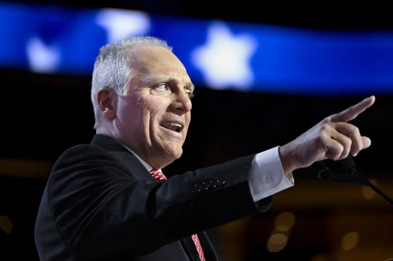 Rep. Steve Scalise, R-La., House Majority Leader, who survived a politically motivated shooting at a Congressional Baseball Game practice in 2017, speaks at the 2024 Republican National Convention at Fiserv Forum in Milwaukee, where he called Trump "courageous under fire." Photo by Matt Martin/UPI.