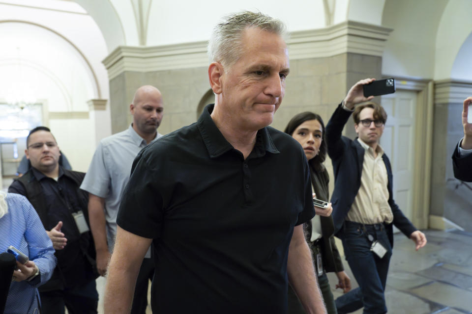 Speaker of the House Kevin McCarthy, R-Calif., arrives to his office on Capitol Hill, Monday, May 29, 2023, in Washington. After weeks of negotiations, President Joe Biden and House Speaker Kevin McCarthy have struck an agreement to avert a potentially devastating government default. The stakes are high for both men — and now each will have to persuade lawmakers in their parties to vote for it. (AP Photo/Jose Luis Magana)