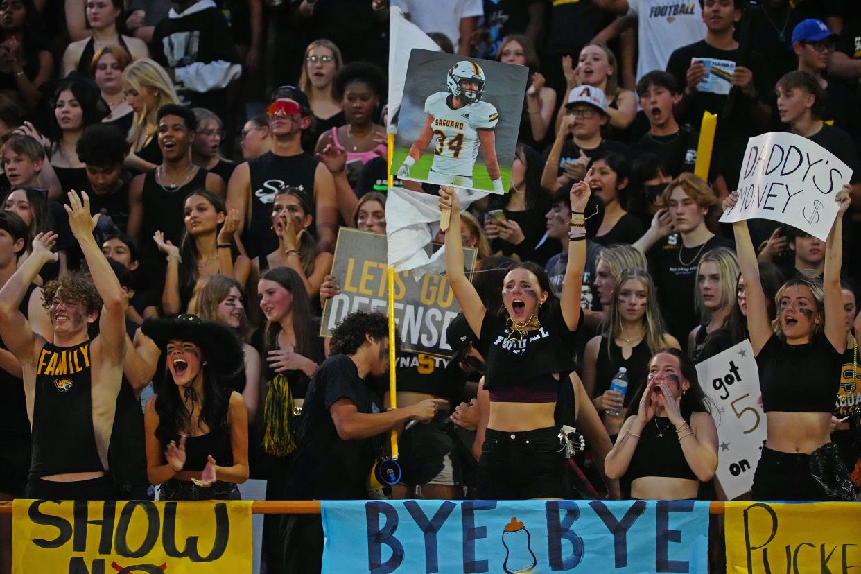 September 2, 2022; Scottsdale, Arizona; USA; Saguaros student section cheers on their team against Bergen Catholic during a game at Saguaro High School. Mandatory Credit: Patrick Breen-Arizona Republic