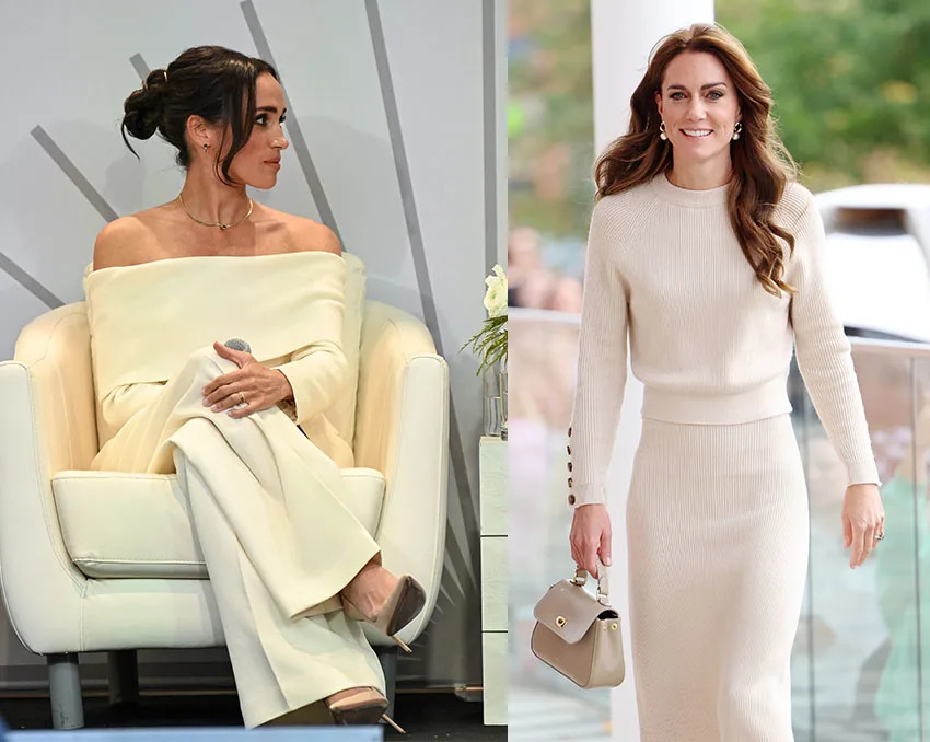 meghan markle, kate middleton style, 2023 fashion, cream off-the-shoulder Altuzarra sweater with a pair of wide-leg trousers, Middleton opted for a more fitted Sezane sweater