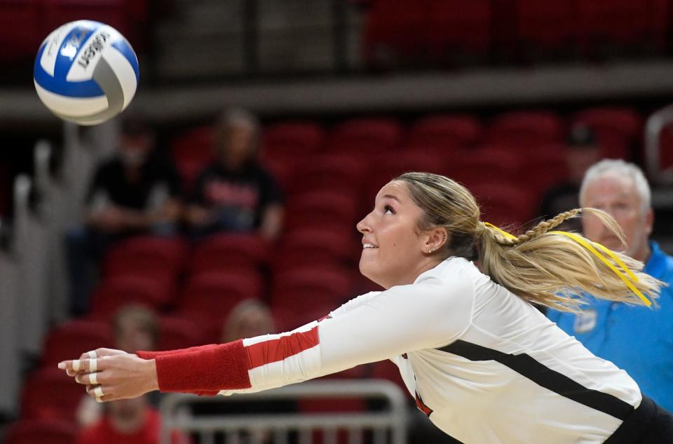 Texas Tech's Kenna Sauer, shown in a match earlier this season, had 10 kills Saturday to help the Red Raiders beat West Virginia 25-16, 25-18, 25-17.