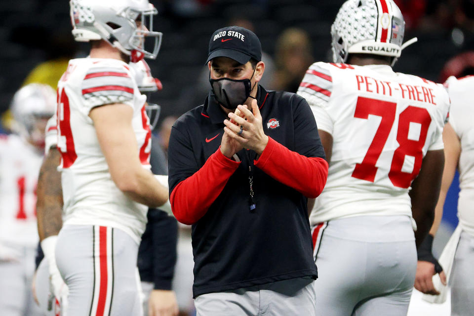 Ohio State coach Ryan Day walks on the sideline before the College Football Playoff semifinal game against Clemson on Jan. 1. (Chris Graythen/Getty Images)