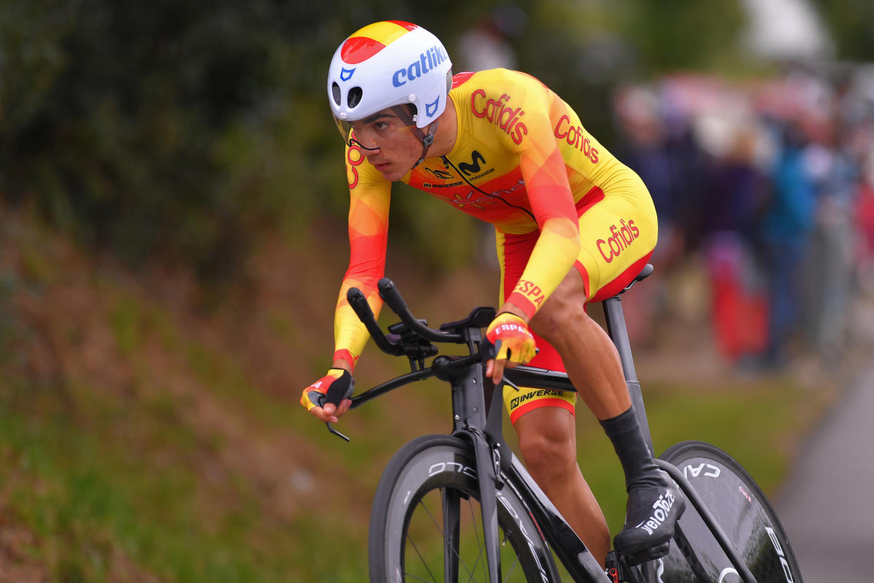 PLOUAY, FRANCE - AUGUST 24: Juan Ayuso Pesquera of Spain / during the 26th UEC Road European Championships 2020 -  Men's Junior Individual Time Trial a 25,6km race from Plouay to Plouay / ITT / @UEC_cycling / #EuroRoad20 / on August 24, 2020 in Plouay, France. (Photo by Luc Claessen/Getty Images)