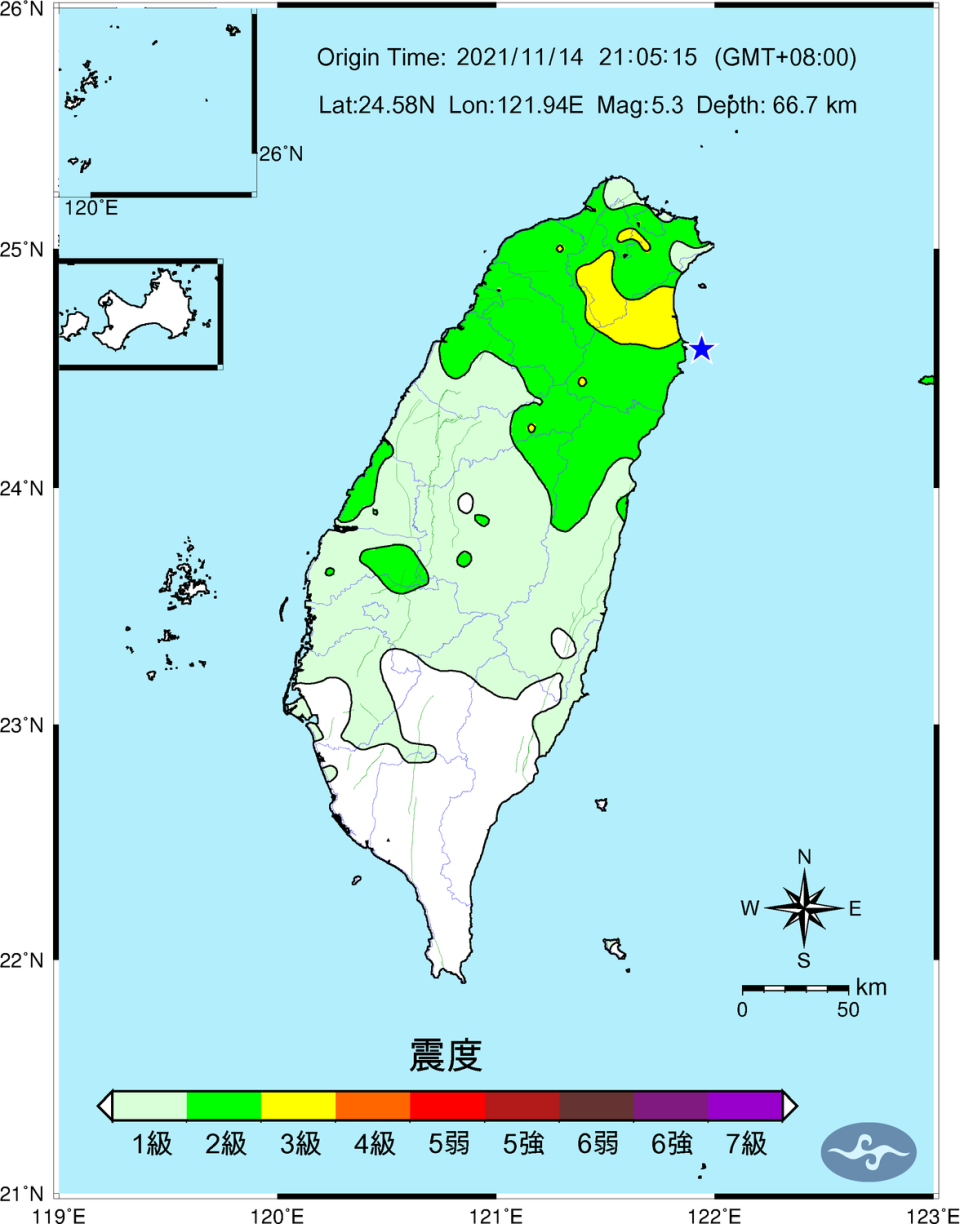 11/14晚間9:05有感地震震度圖。   圖：中央氣象局／提供