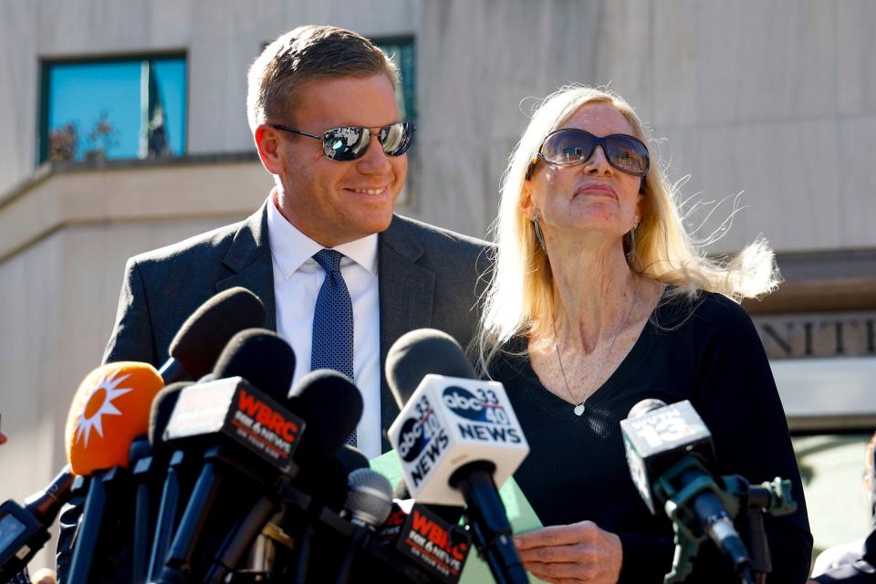 Beth Holloway speaks to media with her son Matt Holloway after the appearance of Joran van der Sloot outside the Hugo L. Black Federal Courthouse Wednesday, Oct. 18, 2023, in Birmingham, Ala. Van der Sloot, the chief suspect in Natalee Holloway’s 2005 disappearance in Aruba admitted he killed her and disposed of her remains, and has agreed to plead guilty to charges he tried to extort money from the teen's mother years later, a U.S. judge said Wednesday. (AP Photo/ Butch Dill )