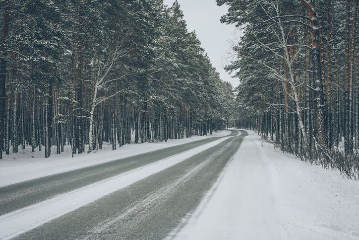 beautiful landscape winter forest and road winter time and snow