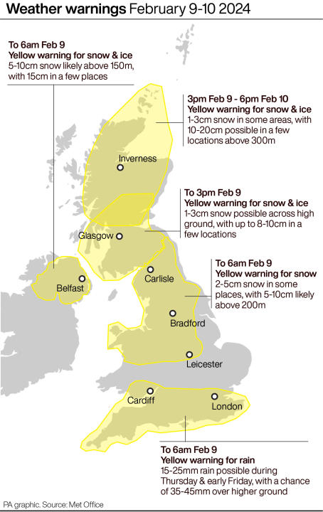 Weather warnings for 9-10 February as of 2.30pm. (PA)